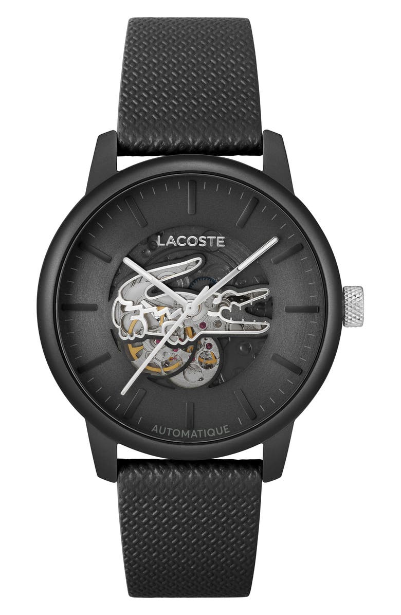 Lacoste 12.12 Automatique Leather Strap Watch, 44mm, Main, color, Black