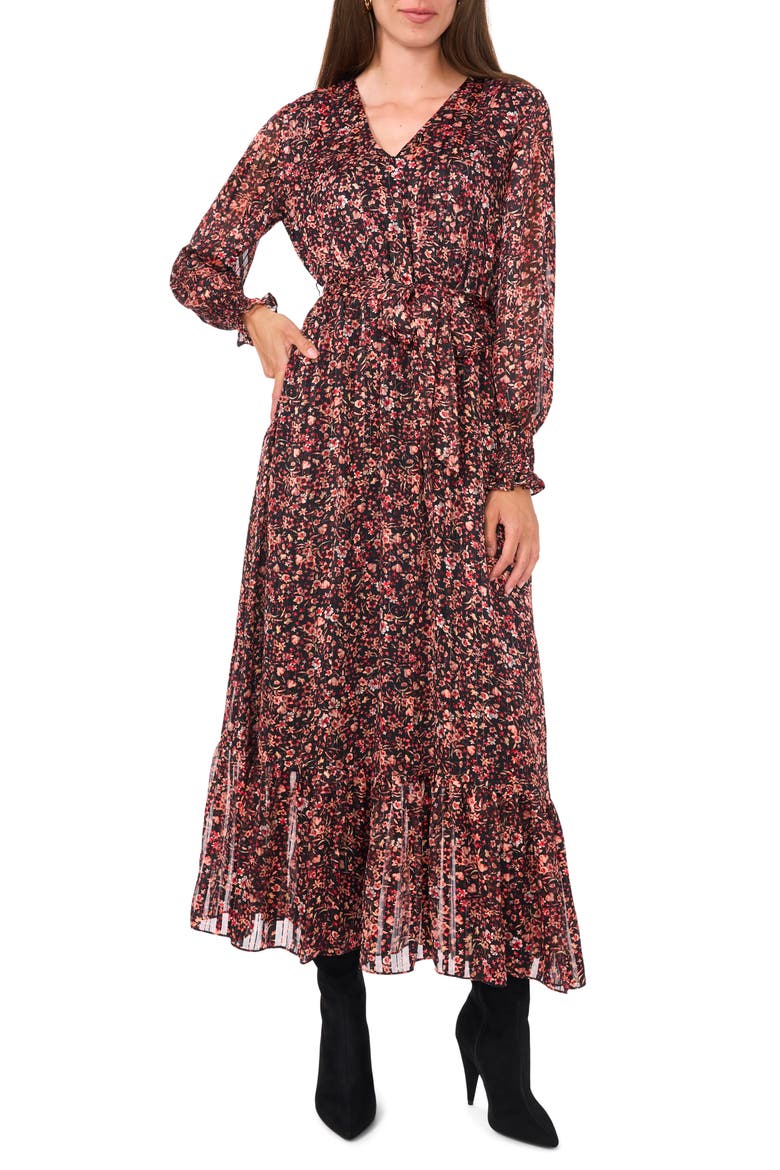 Metallic Stripe Floral Long Sleeve Maxi Dress, Main, color, RICH BLACK