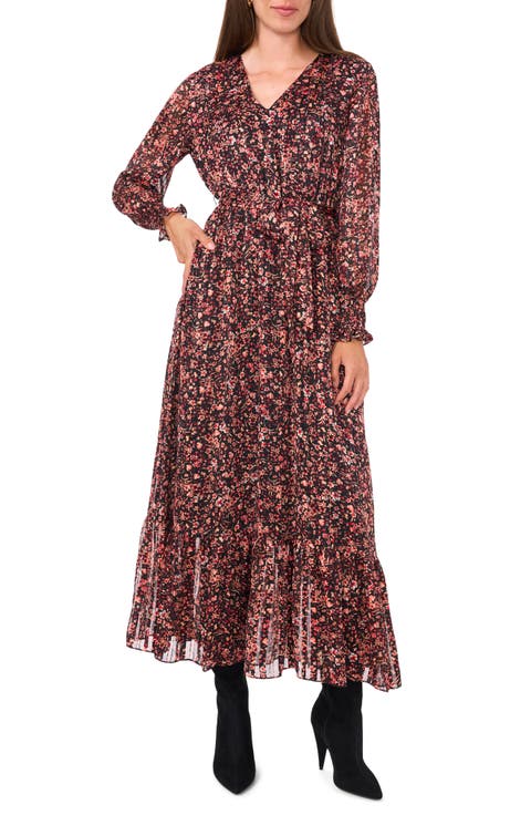 Metallic Stripe Floral Long Sleeve Maxi Dress