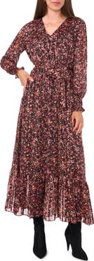 Vince Camuto Metallic Stripe Floral Long Sleeve Maxi Dress