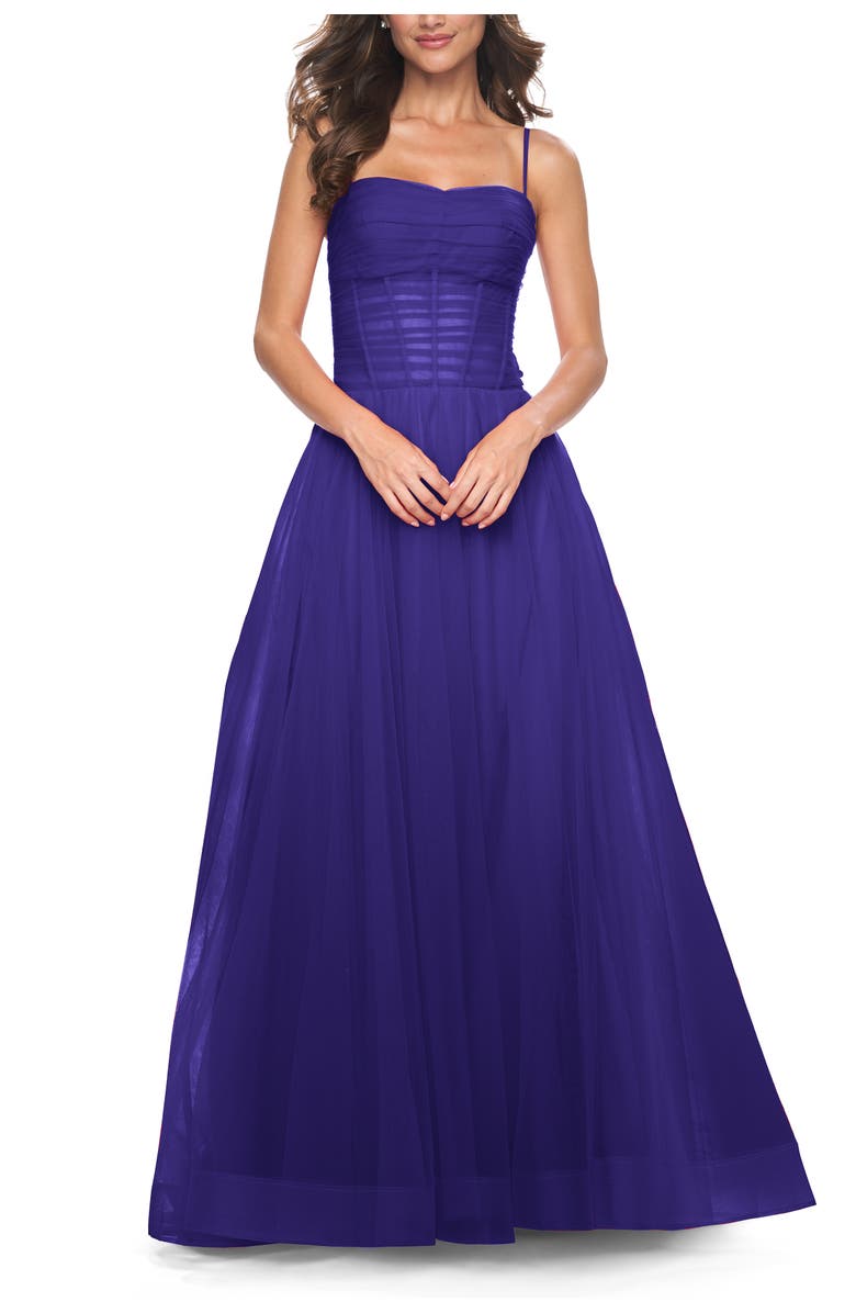 La Femme A-line Square Neck Tulle Ballgown with Illusion Waist, Main, color, Indigo