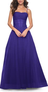 La Femme A-line Square Neck Tulle Ballgown with Illusion Waist