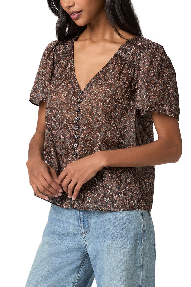 Elodie Paisley Button Up Cotton Top, Alternate, color, DARK BROWN MULTI