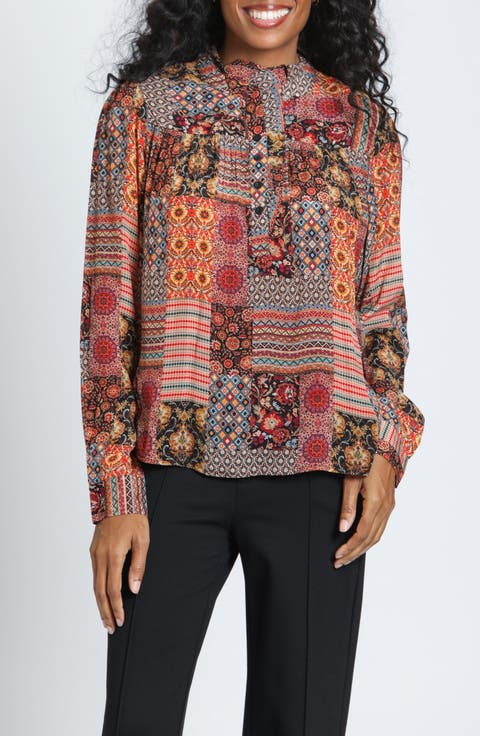 Print Ruffle Placket Top