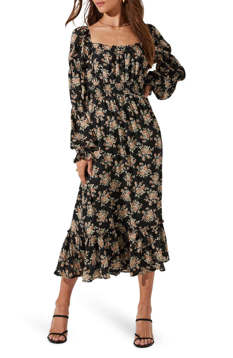 ASTR the Label Astr Floral Cinched Long Sleeve Midi Peasant Dress, Main, color,