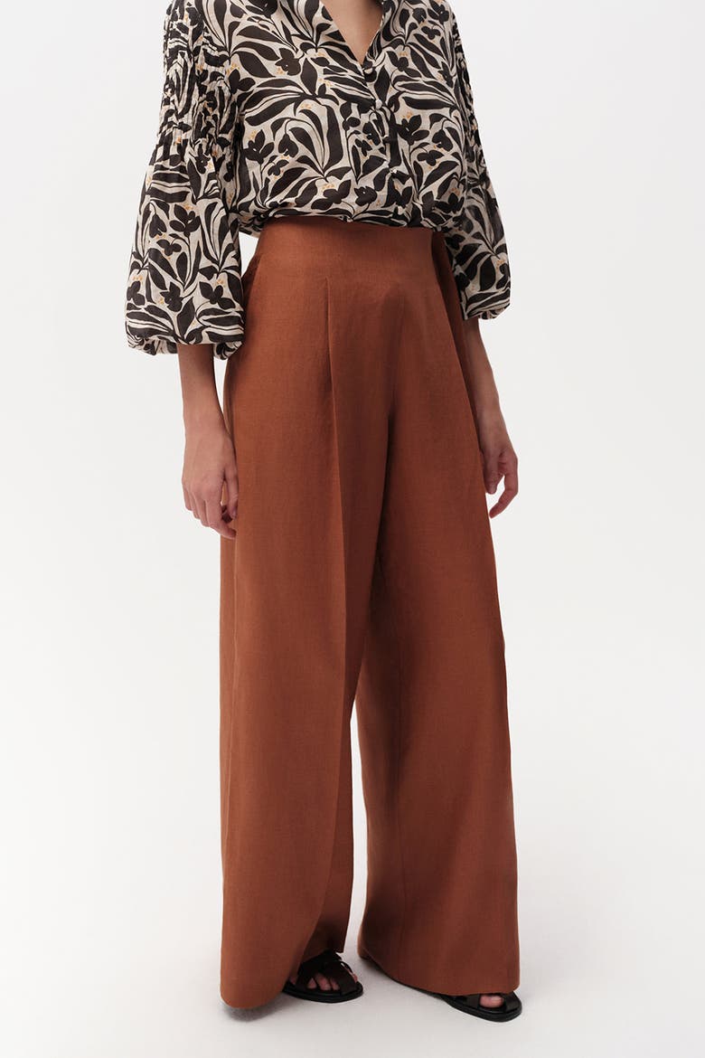 Clarette Wide Leg Linen Trousers, Alternate, color, Brown