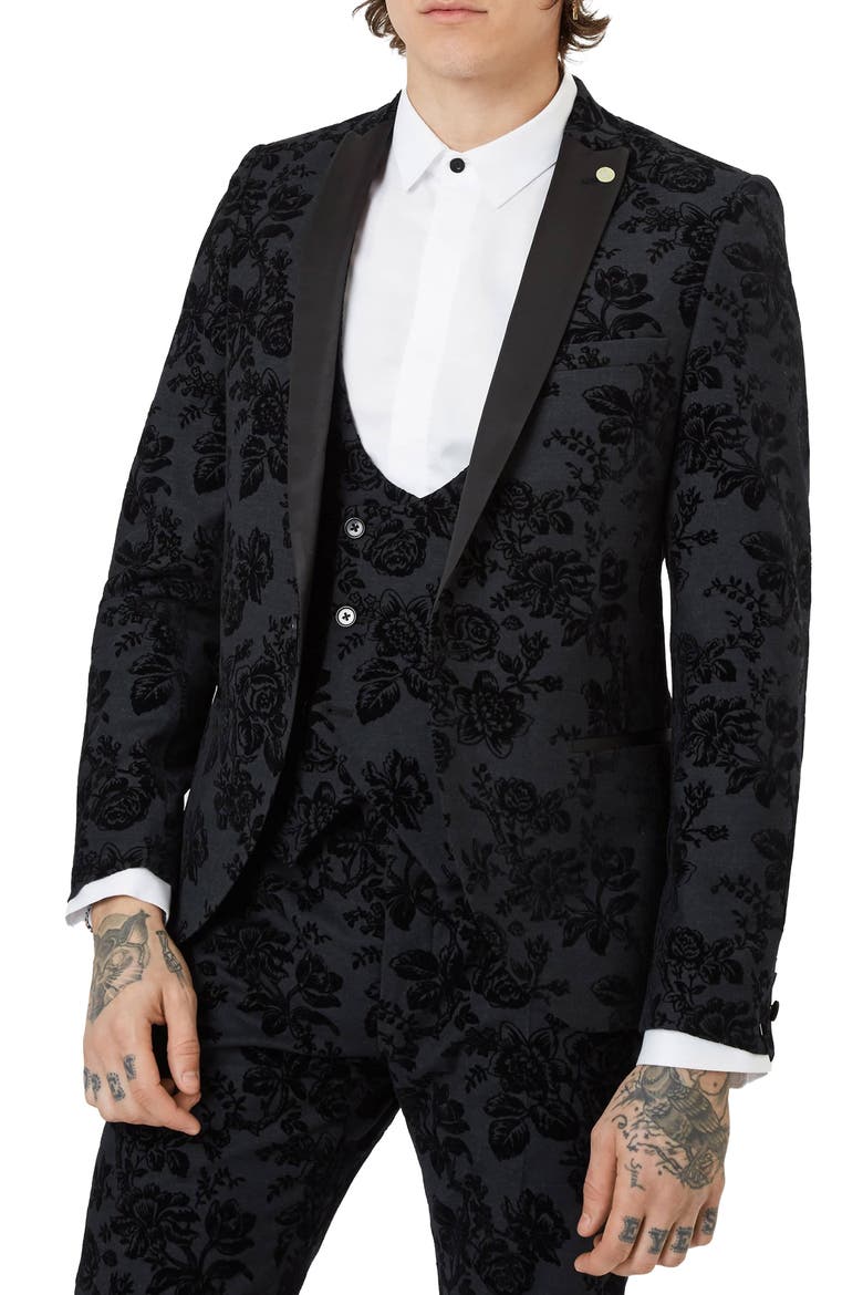 Fleet Skinny Fit Floral Tuxedo Jacket, Main, color, BLACK