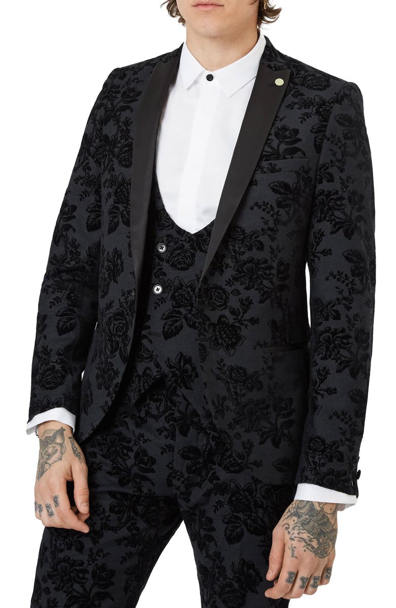 Twisted Tailor Fleet Skinny Fit Floral Tuxedo Jacket, Main, color, 