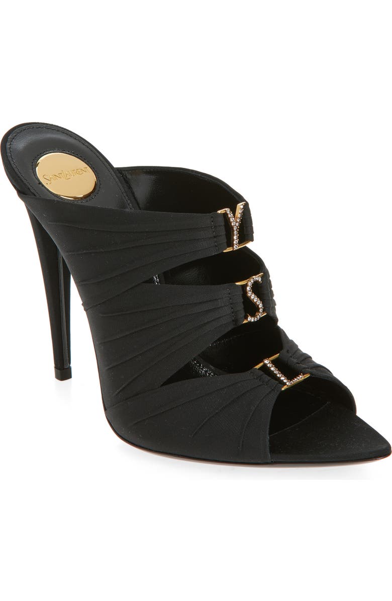 Saint Laurent Emilie Strass Logo Slide Sandal, Main, color, Black