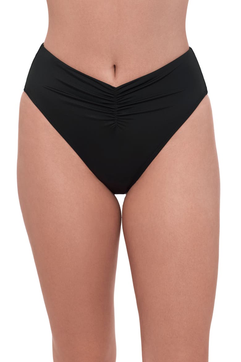 Smoothing and Sculpting Cinch Front High Cut Bikini Swimsuit Bottoms, Main, color, Onyx Black
