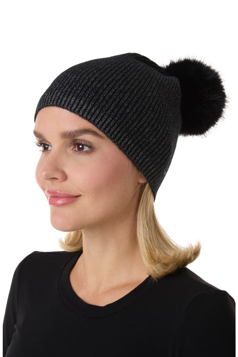 Lurex® Rib Cashmere Beanie with Faux Fur Pom, Alternate, color, BLACK