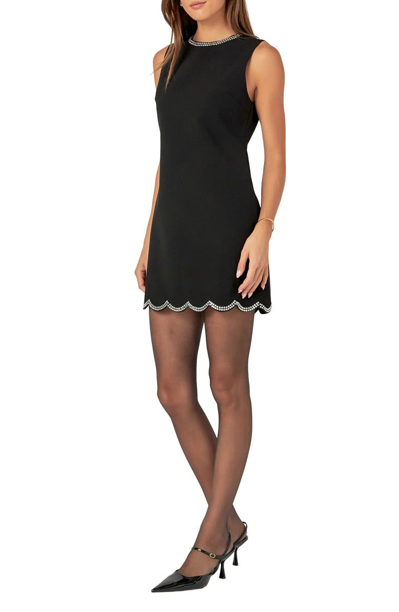 English Factory Rhinestone Scallop Sleeveless Minidress, Alternate, color, Black
