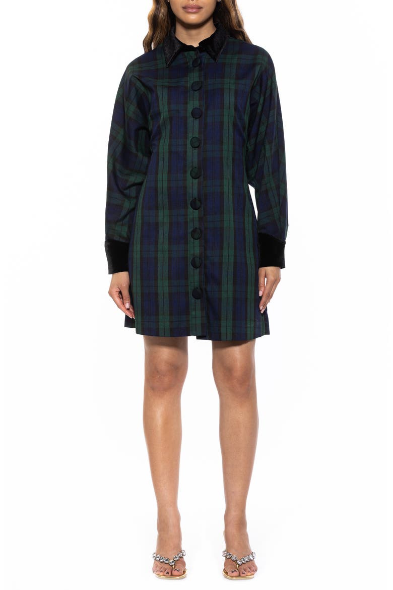 Velvet Trim Long Sleeve Shirtdress, Main, color, GREEN PLAID