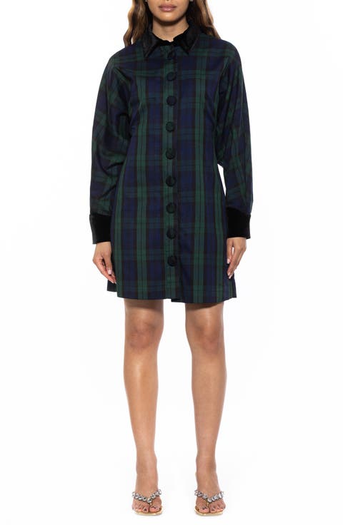 Velvet Trim Long Sleeve Shirtdress