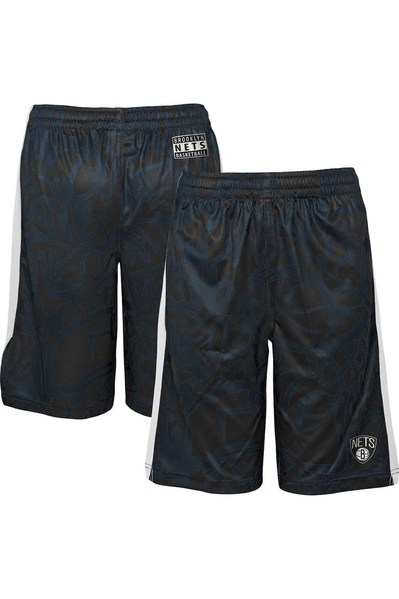 Youth Black Brooklyn Nets Scribble Dribble Baller Shorts, Main, color, Black