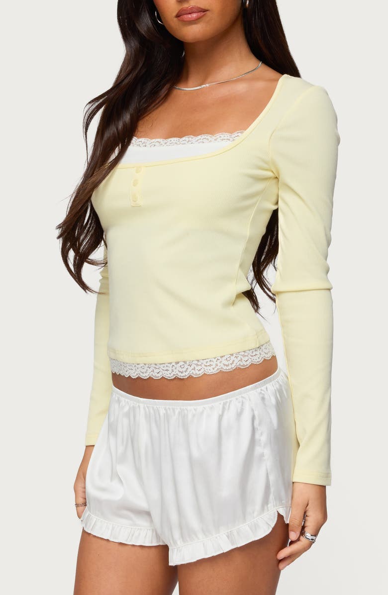 EDIKTED Joana Layered Lacey Henley Top, Alternate, color, Yellow