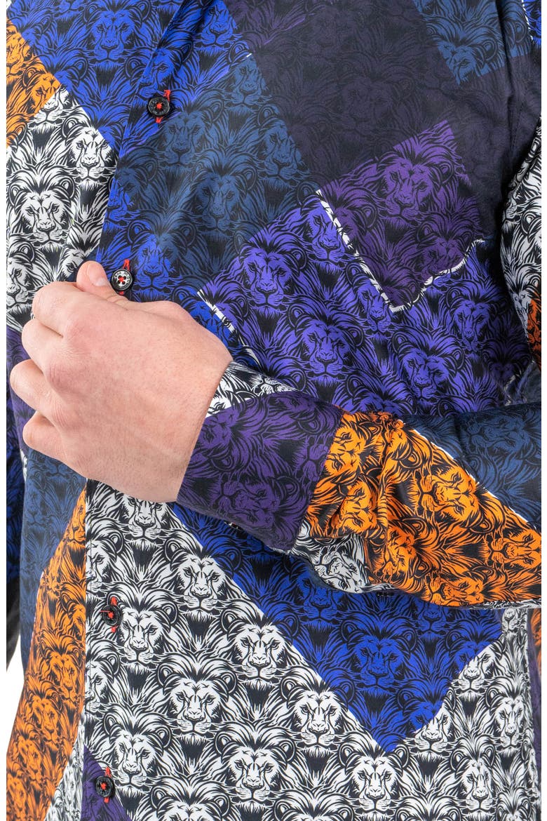 Fibonacci Lion Print Contemporary Fit Button-Up Shirt, Alternate, color, BLACK