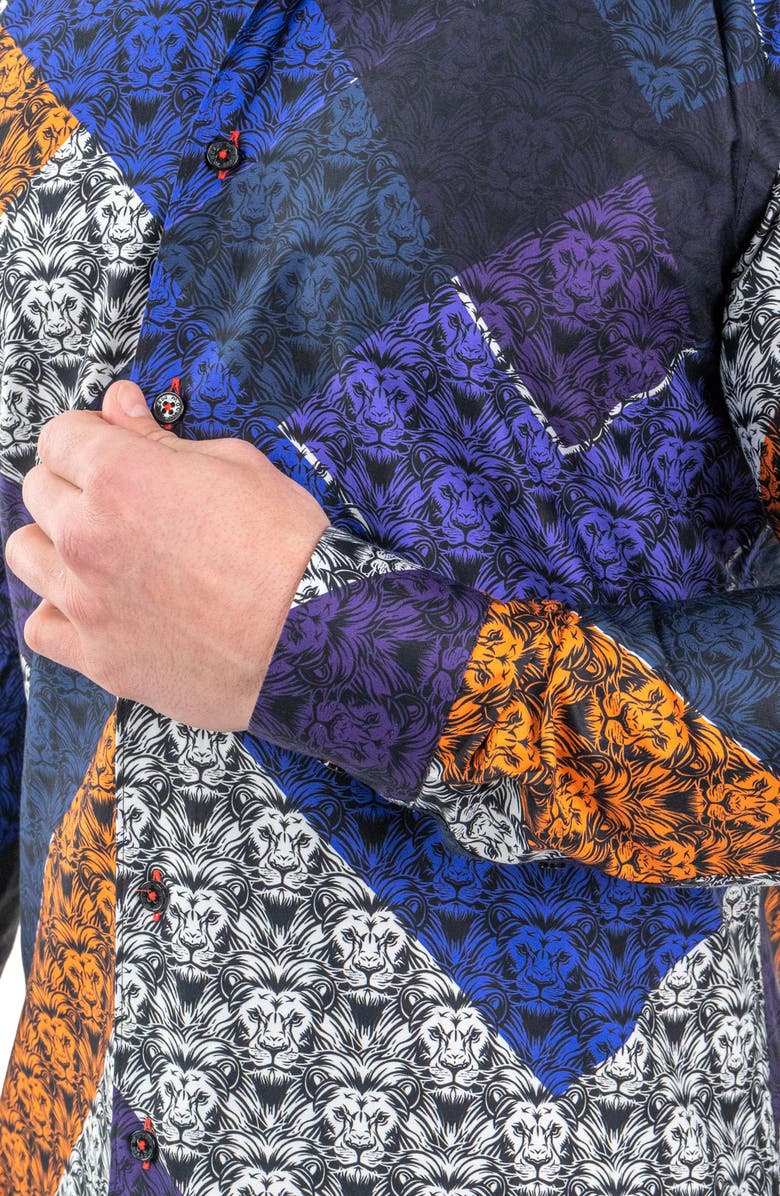 Maceoo Fibonacci Lion Print Contemporary Fit Button-Up Shirt, Alternate, color, Black