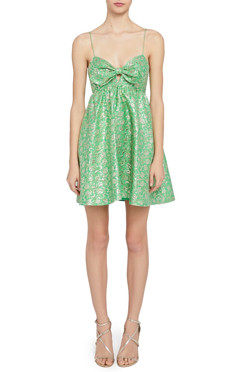 Alice + Olivia Melvina Bow Front Metallic Jacquard Babydoll Dress, Alternate, color,