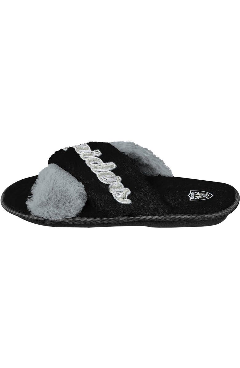 FOCO Women's FOCO Black Las Vegas Raiders Two-Tone Crossover Faux Fur Slide Slippers, Alternate, color,