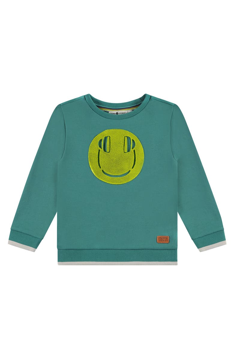 Stains and Stories by Babyface 'Headphones Smile' Terry Crewneck Sweatshirt, Main, color, Smaragd