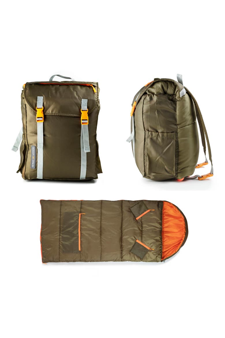Kids' Sleep-n-Pack Water Repellent Sleeping Bag Backpack, Main, color, OLIVE/ BRIGHT ORANGE