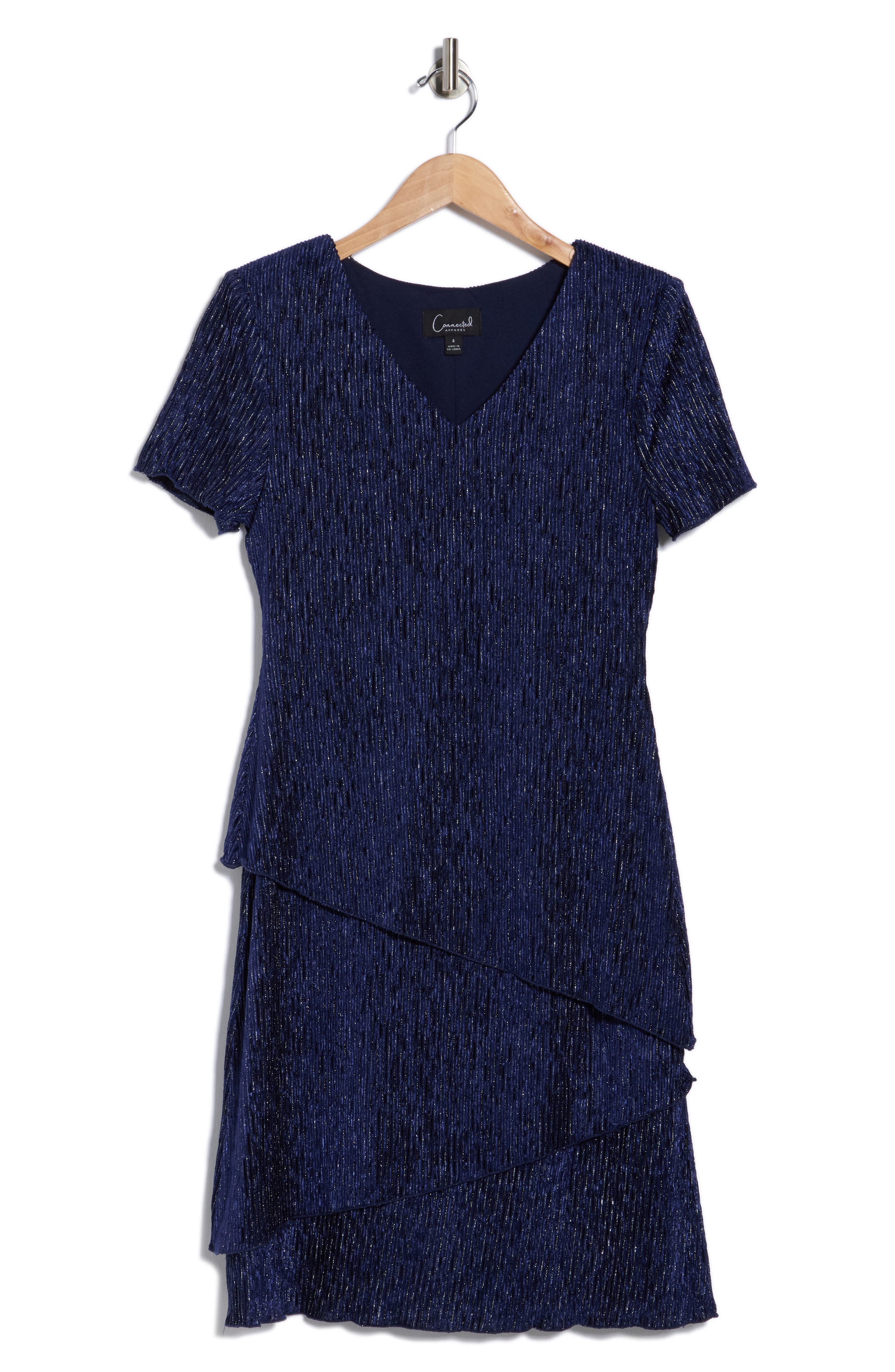 Short Sleeve Metallic Plissé Tiered Dress