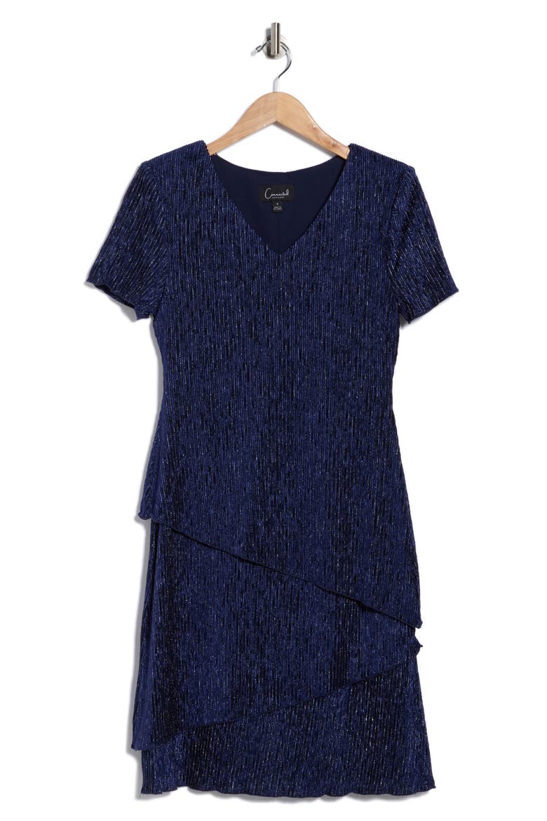 Short Sleeve Metallic Plissé Tiered Dress, Alternate, color, NAVY