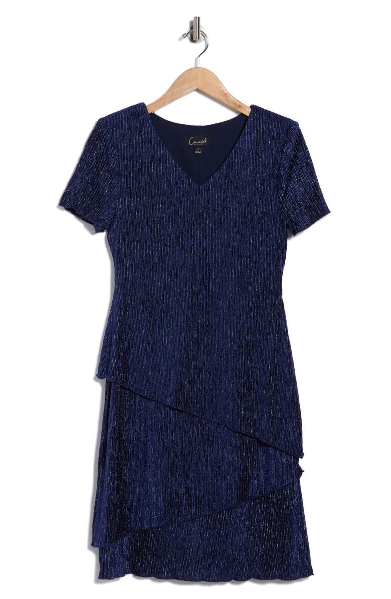 Connected Apparel Short Sleeve Metallic Plissé Tiered Dress, Alternate, color, Navy