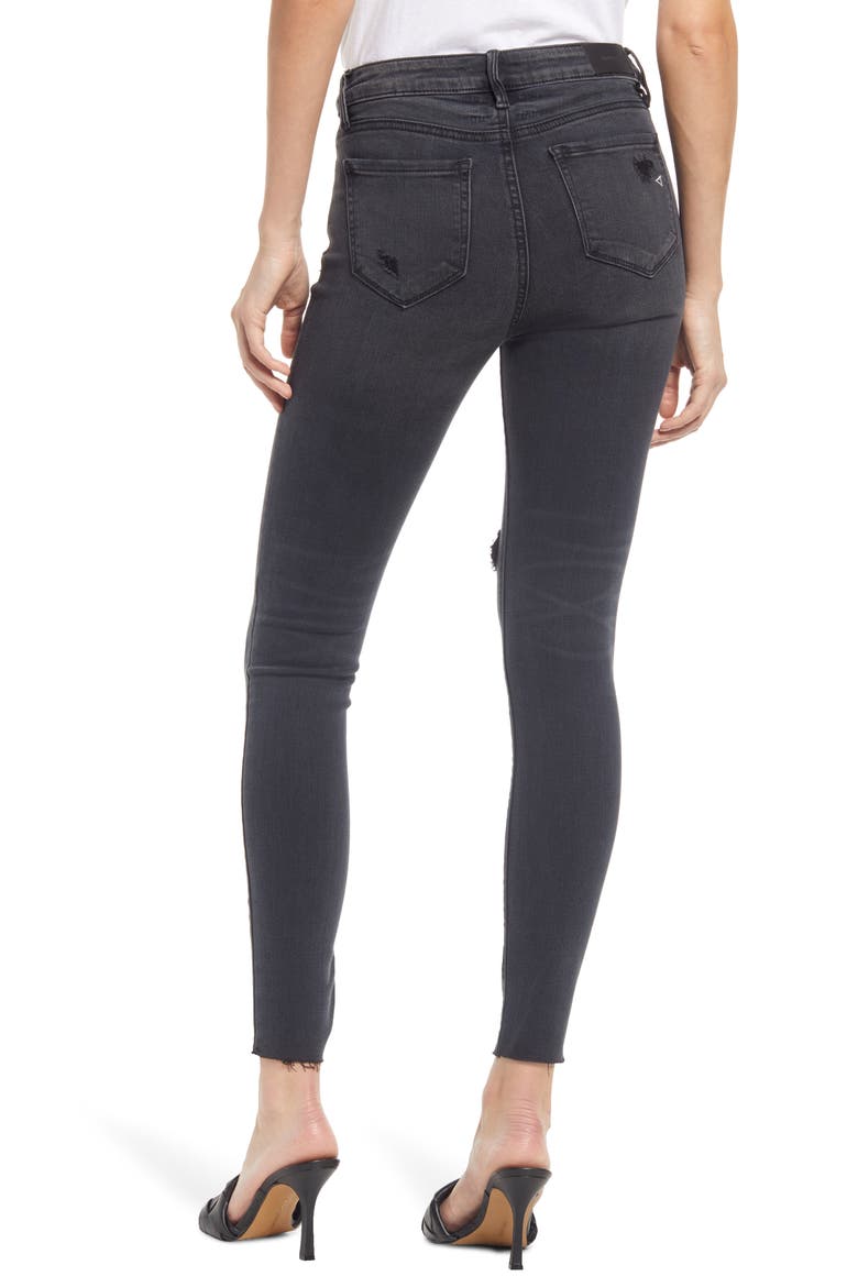 Distressed High Waist Raw Hem Skinny Jeans, Alternate, color, BLACK