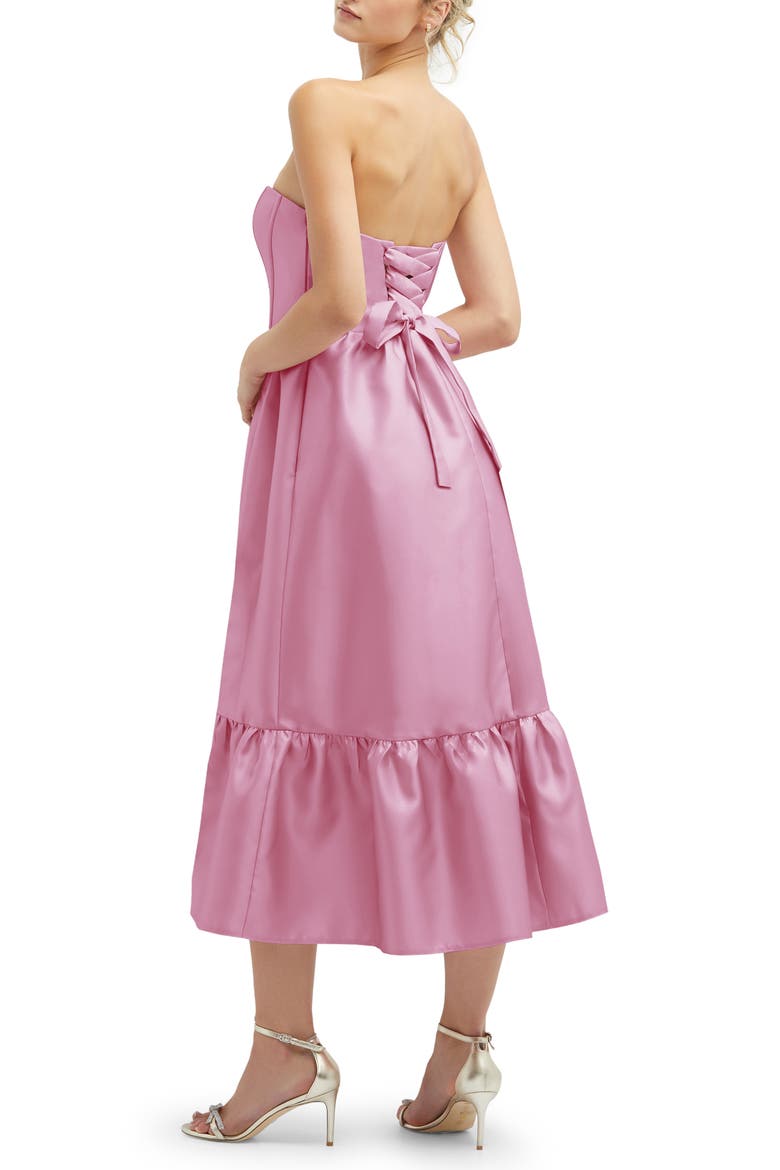 Corset Ruffle Hem Strapless Satin Midi Dress, Alternate, color, POWDER PINK
