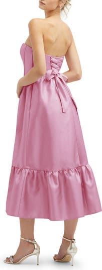 Corset Ruffle Hem Strapless Satin Midi Dress