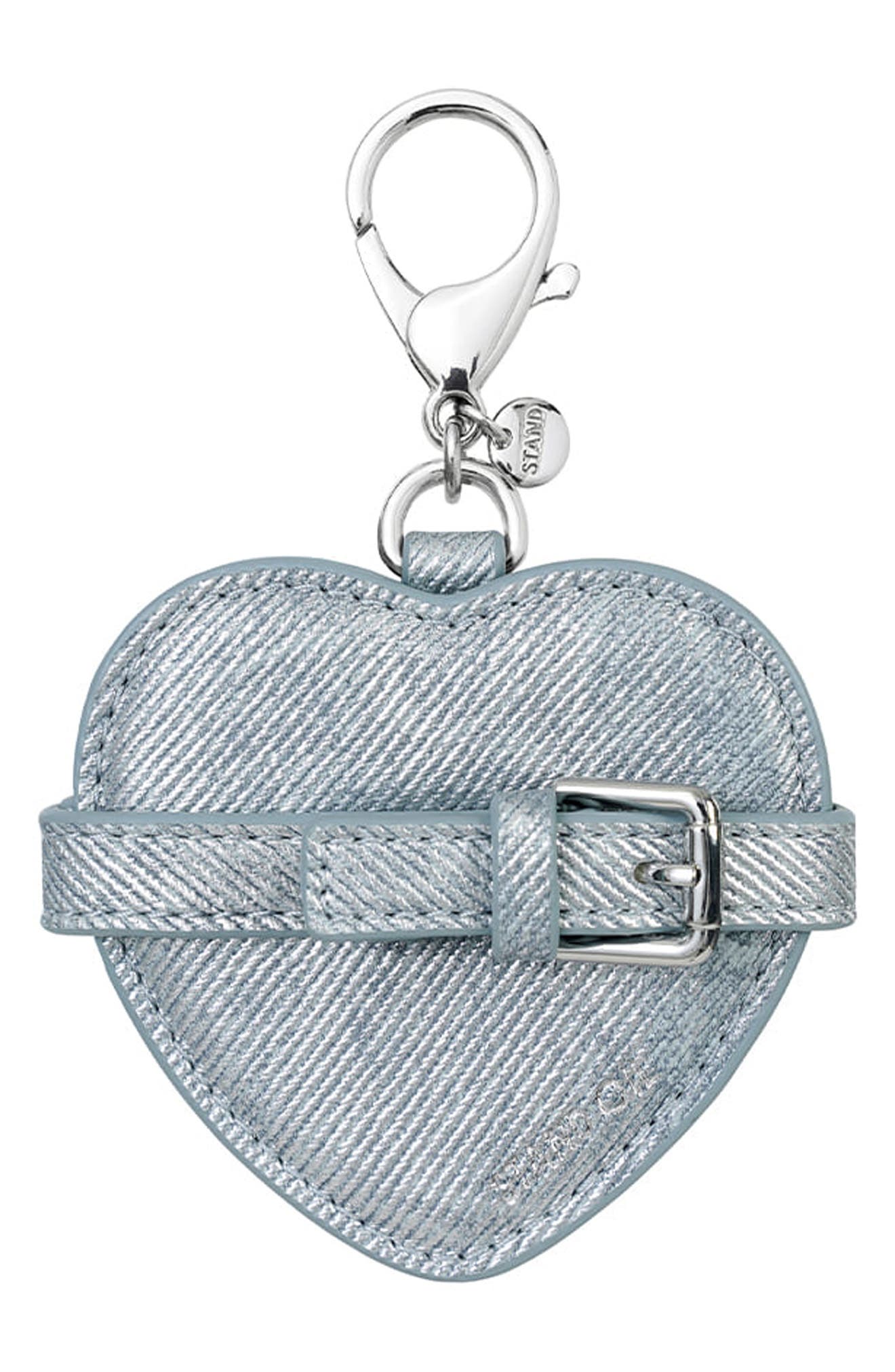 Stand Oil Belted Heart Mirror Faux Leather Key Ring Bag Charm, Alternate, color, Silver Denim