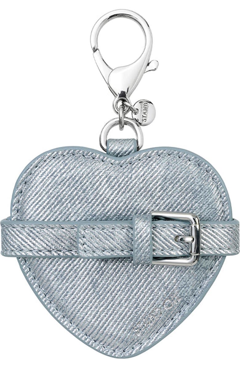 Stand Oil Belted Heart Mirror Faux Leather Key Ring Bag Charm, Alternate, color, Silver Denim