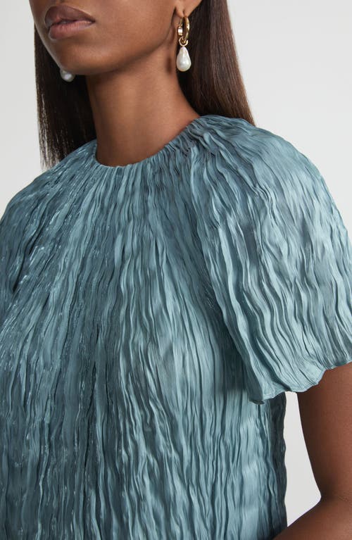 Lafayette 148 Iridescent Twill Plissã© Short Sleeve Blouse In Lagoon Green