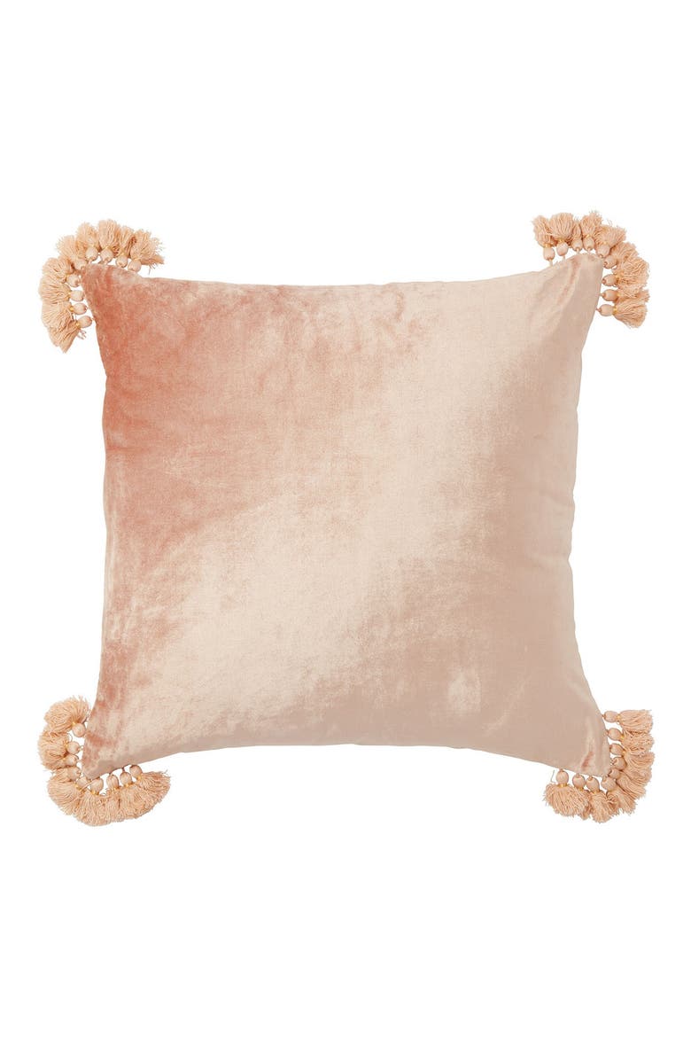 Raj Velvet Tassel Throw Pillow, Main, color, TAUPE
