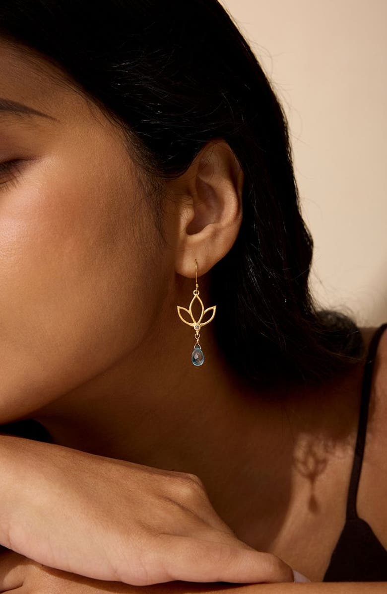 Satya Jewelry Ignite Renewal Blue Topaz Lotus Drop Earrings, Alternate, color, Gold
