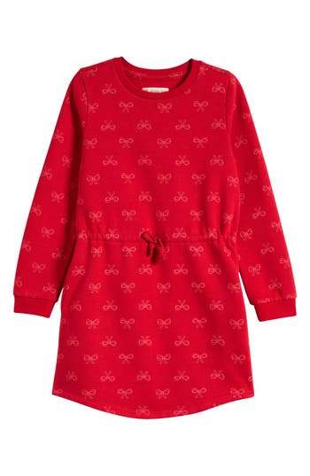 Shop Tucker + Tate Kids' Print Long Sleeve Drawstring Waist Sweatshirt Dress In Red Goji Cheerful Bow