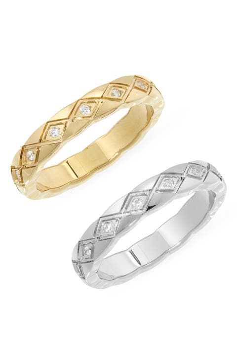 Set of 2 Waterproof Cubic Zirconia Geometric Band Rings