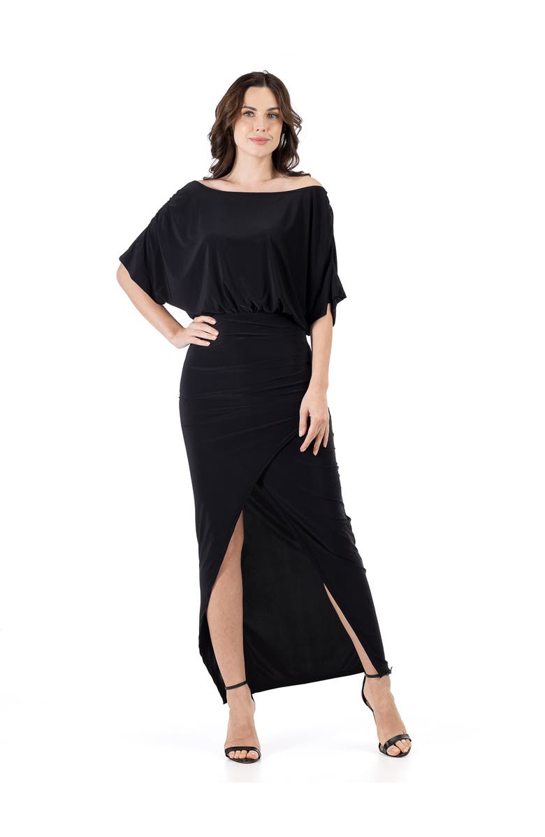 24seven Comfort Apparel Boat Neck Batwing Sleeve Slit Maxi Dress, Main, color, Black