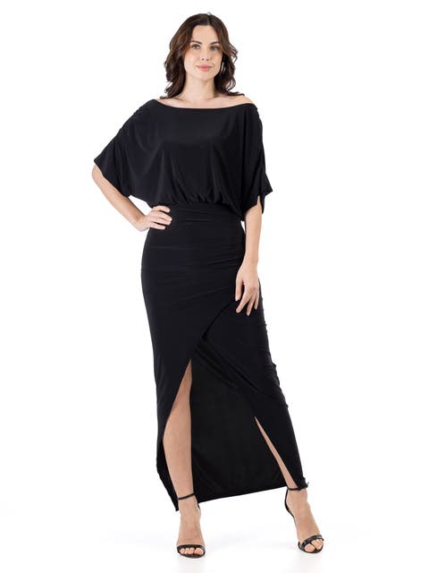 Boat Neck Batwing Sleeve Slit Maxi Dress