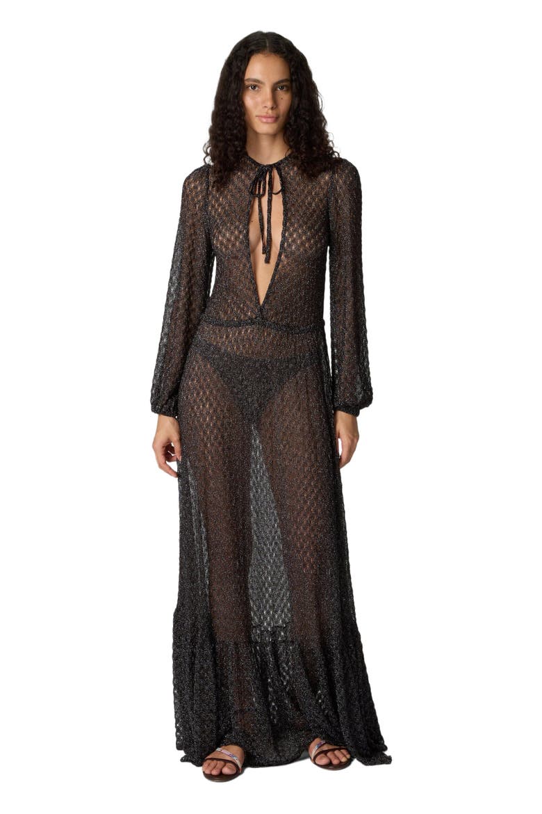 Long Cover-up Dress In Lamé Viscose With Spiderweb Motif And Flounces, Main, color, Brown