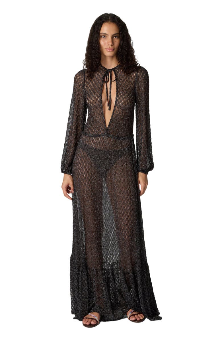Missoni Long Cover-up Dress In Lamé Viscose With Spiderweb Motif And Flounces, Main, color, Brown