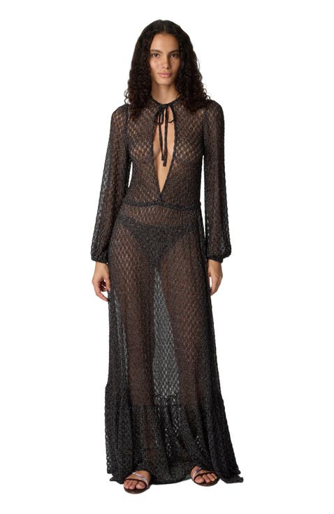 Long Cover-up Dress In Lamé Viscose With Spiderweb Motif And Flounces