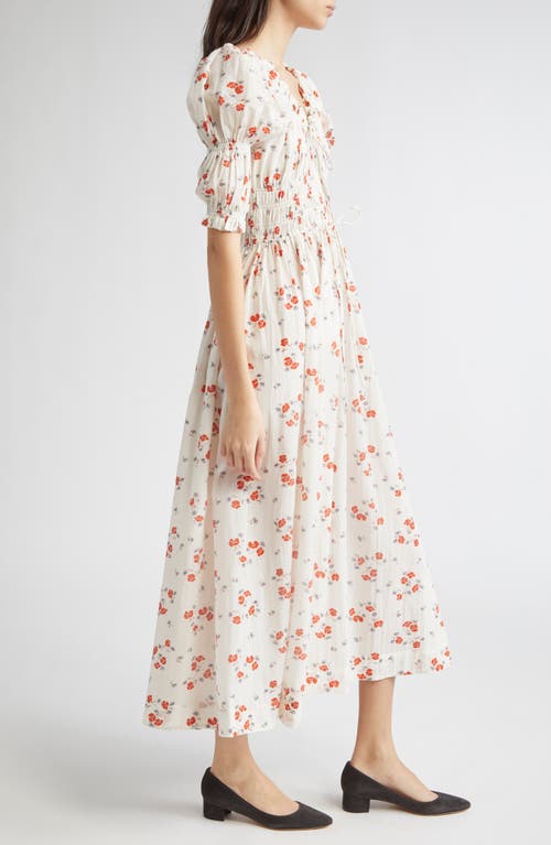 Doen Ischia Shirred Floral-print Organic Cotton-blend Voile Midi Dress In White