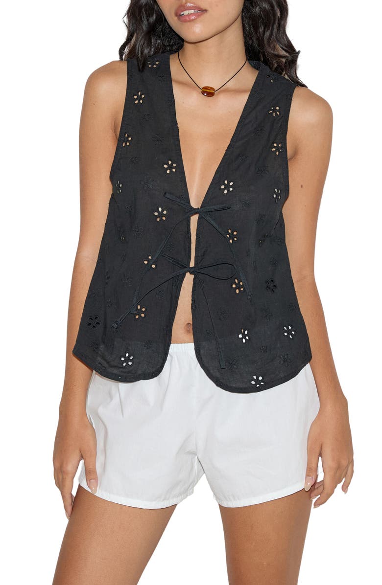 Motel Kayve Tie Front Vest, Main, color, Flower Broderie Black