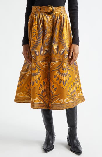 Farm Rio Metallic Mixed Print Cotton Blend Skirt In Heart Forest Gold