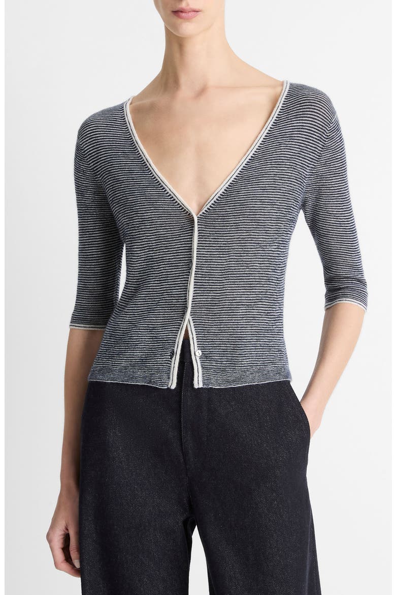 Microstripe V-Neck Cashmere & Silk Cardigan, Main, color, OFF WHITE/ COASTAL