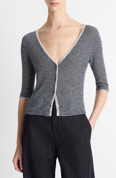 Microstripe V-Neck Cashmere & Silk Cardigan