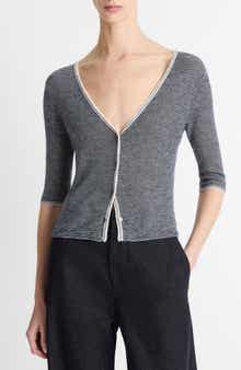 Vince Microstripe V-Neck Cashmere & Silk Cardigan